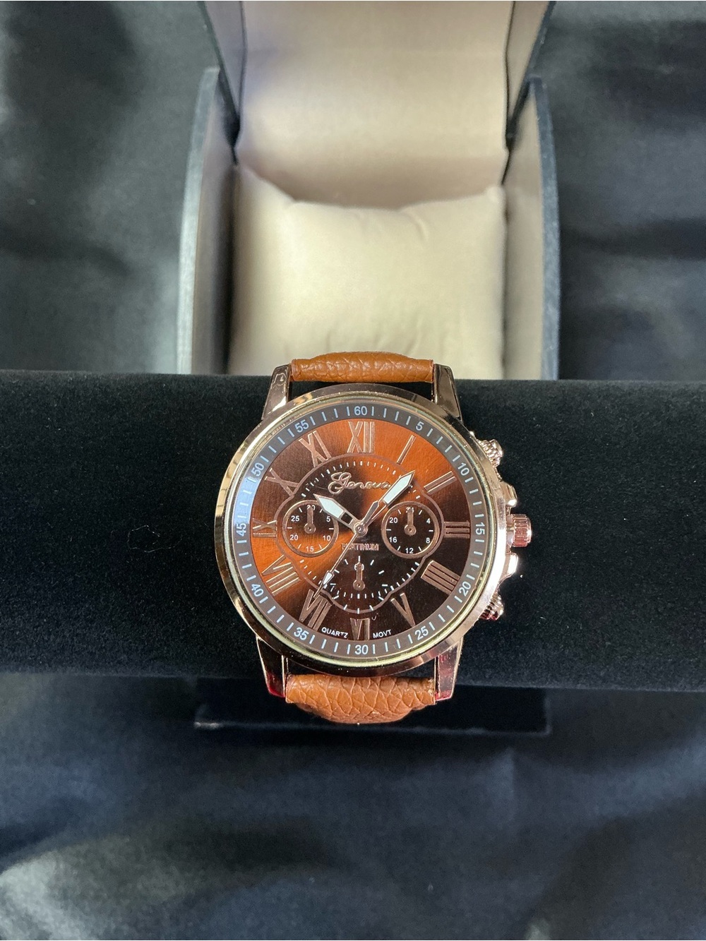 Geneva Brown and Rose Gold Chronograph Watch with Leather Strap